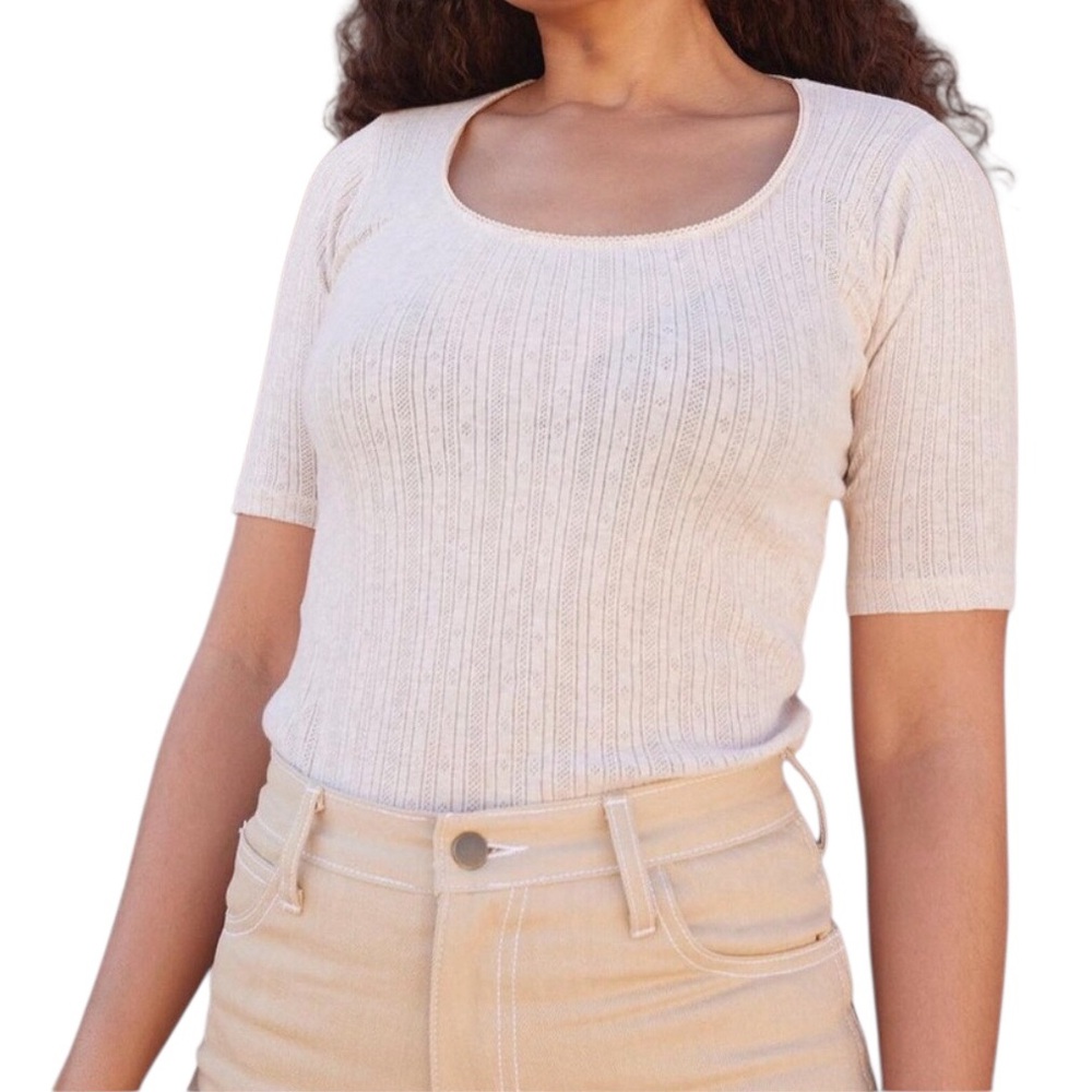 LYKKE WULLF Cleo Tee Short Sleeve in Cream Pointelle Jem Los Angeles Size Medium